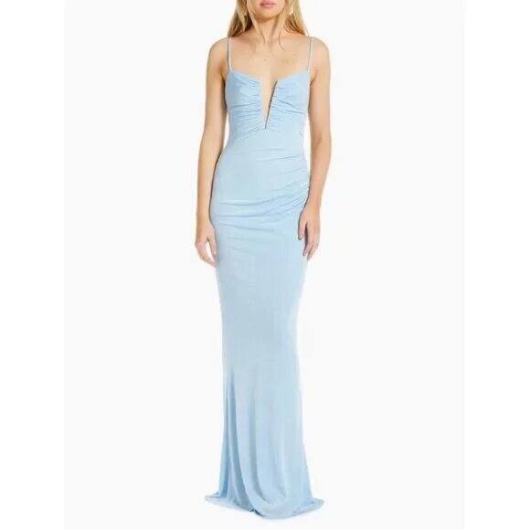 NWT KATIE MAY Spaghetti Strap Ruched Erykah Bodycon Maxi Gown Powder Blue Large - Picture 3 of 5
